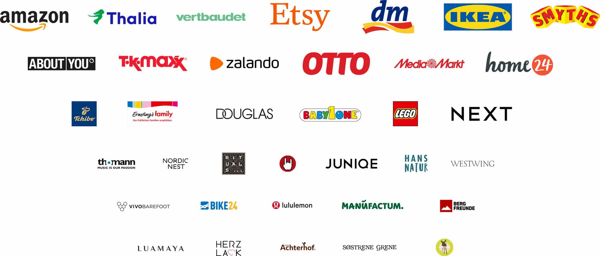 Eine Übersicht von verschiedenen Online Shop Logos, die wisheezy unterstützt.