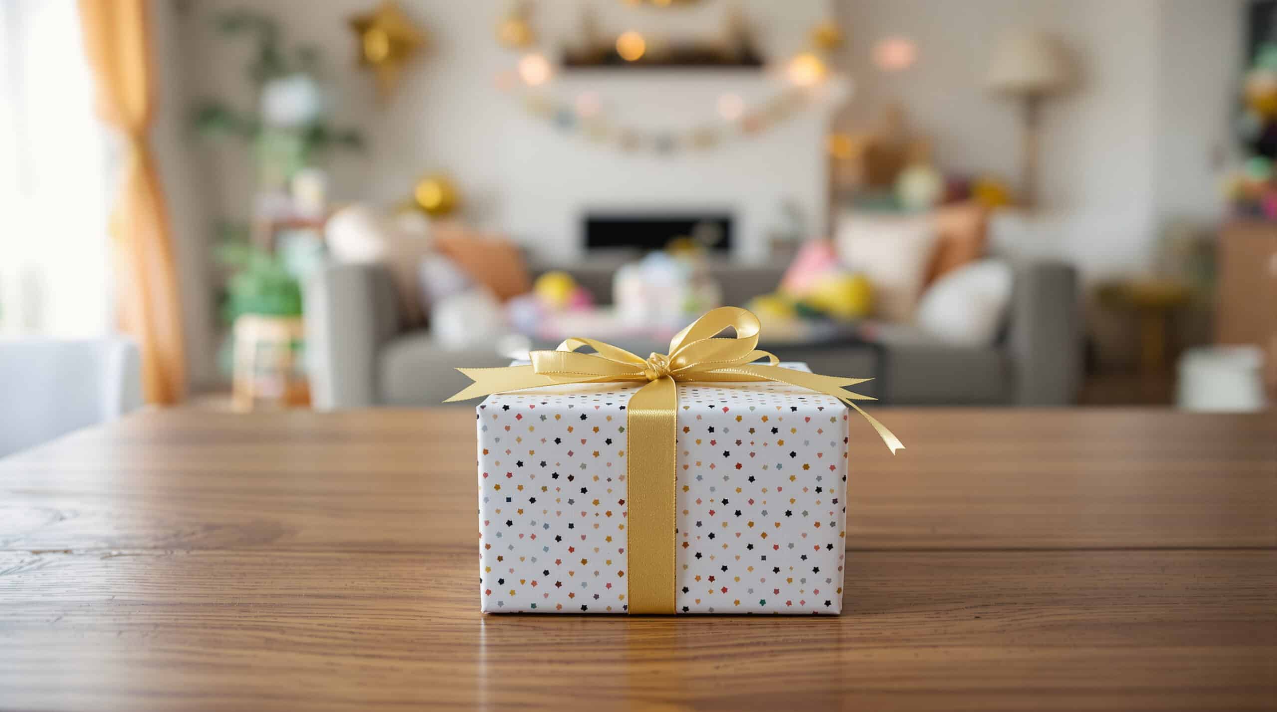 Een cadeautje ligt op een tafel in een kamer die is versierd voor een kinderfeestje.