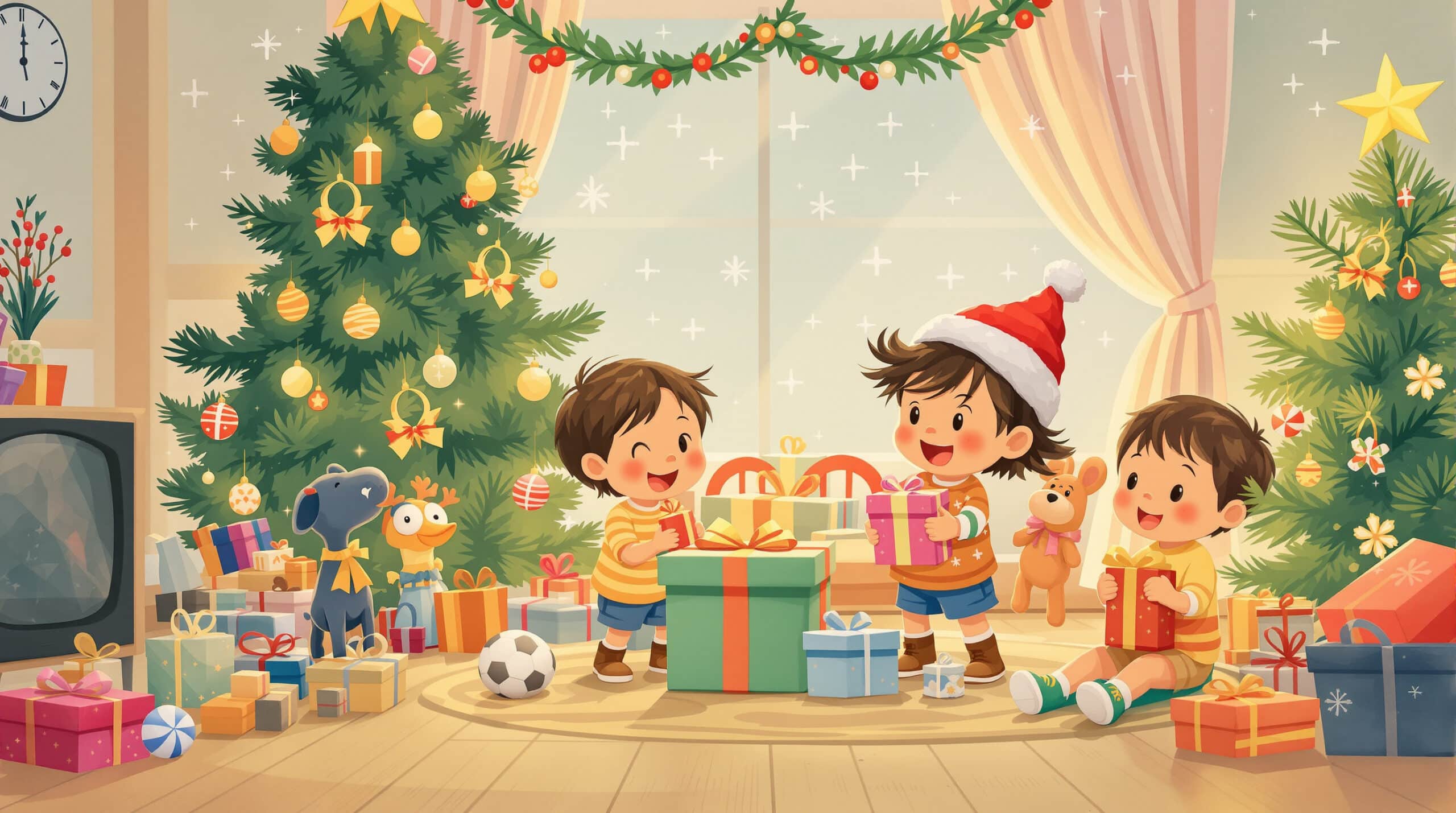 Een illustratie van kinderen die cadeautjes uitpakken naast de kerstboom met Kerstmis