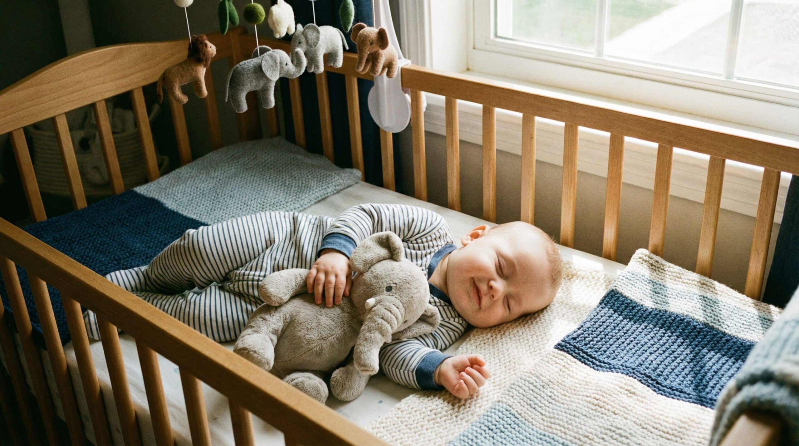 Een baby slaapt in zijn wiegje en knuffelt met een knuffeldier.