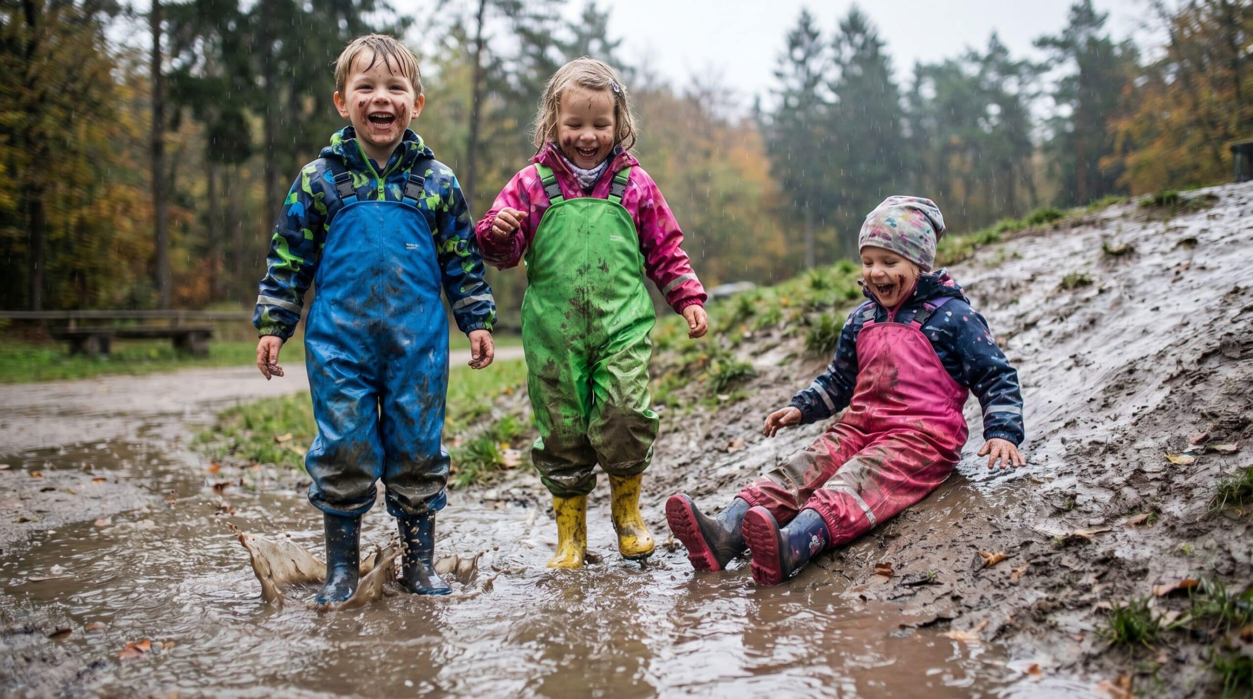 Kinderen in regenbroeken die in plassen spelen