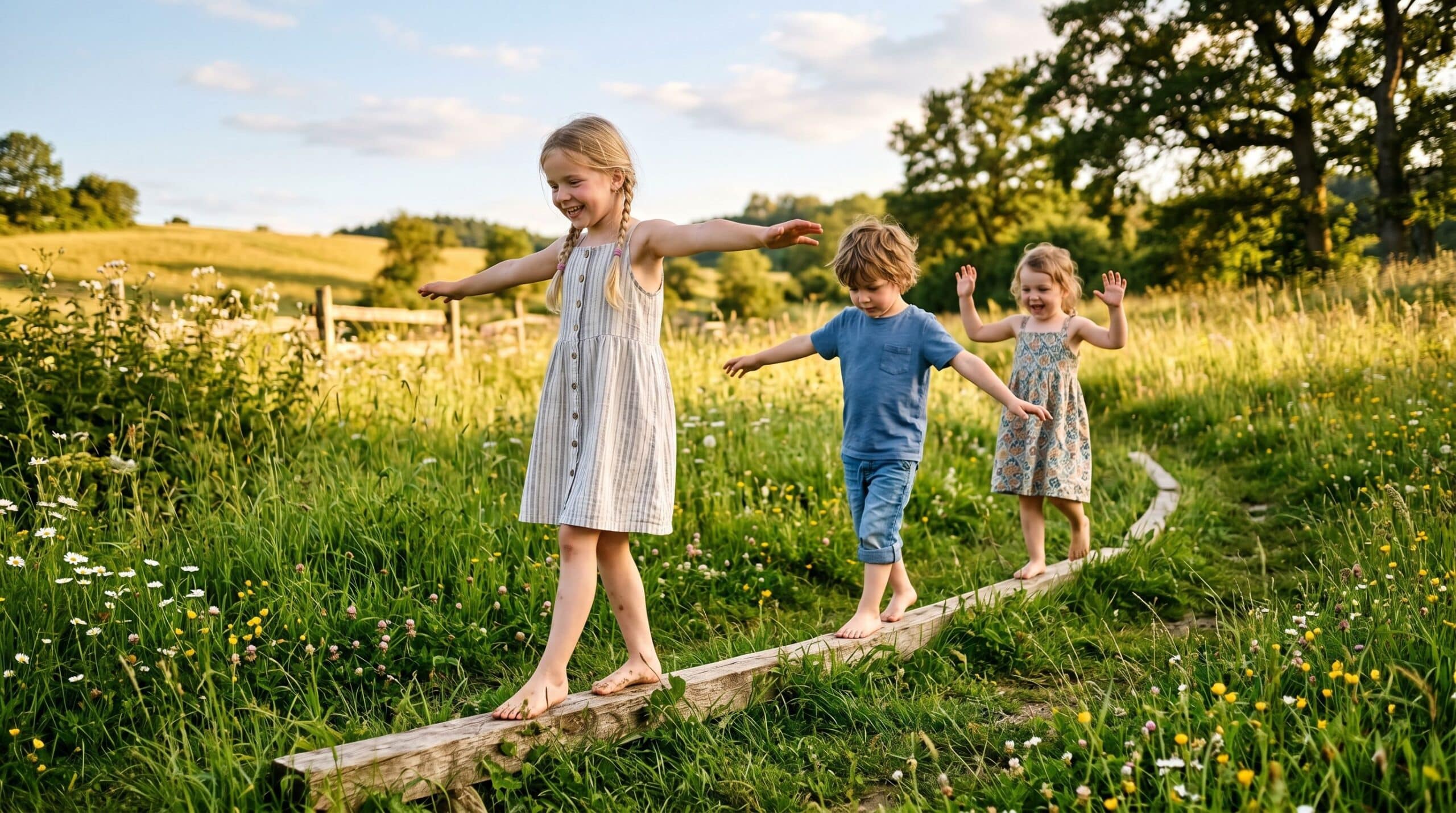 Kinderen balanceren in de natuur over een houten pad