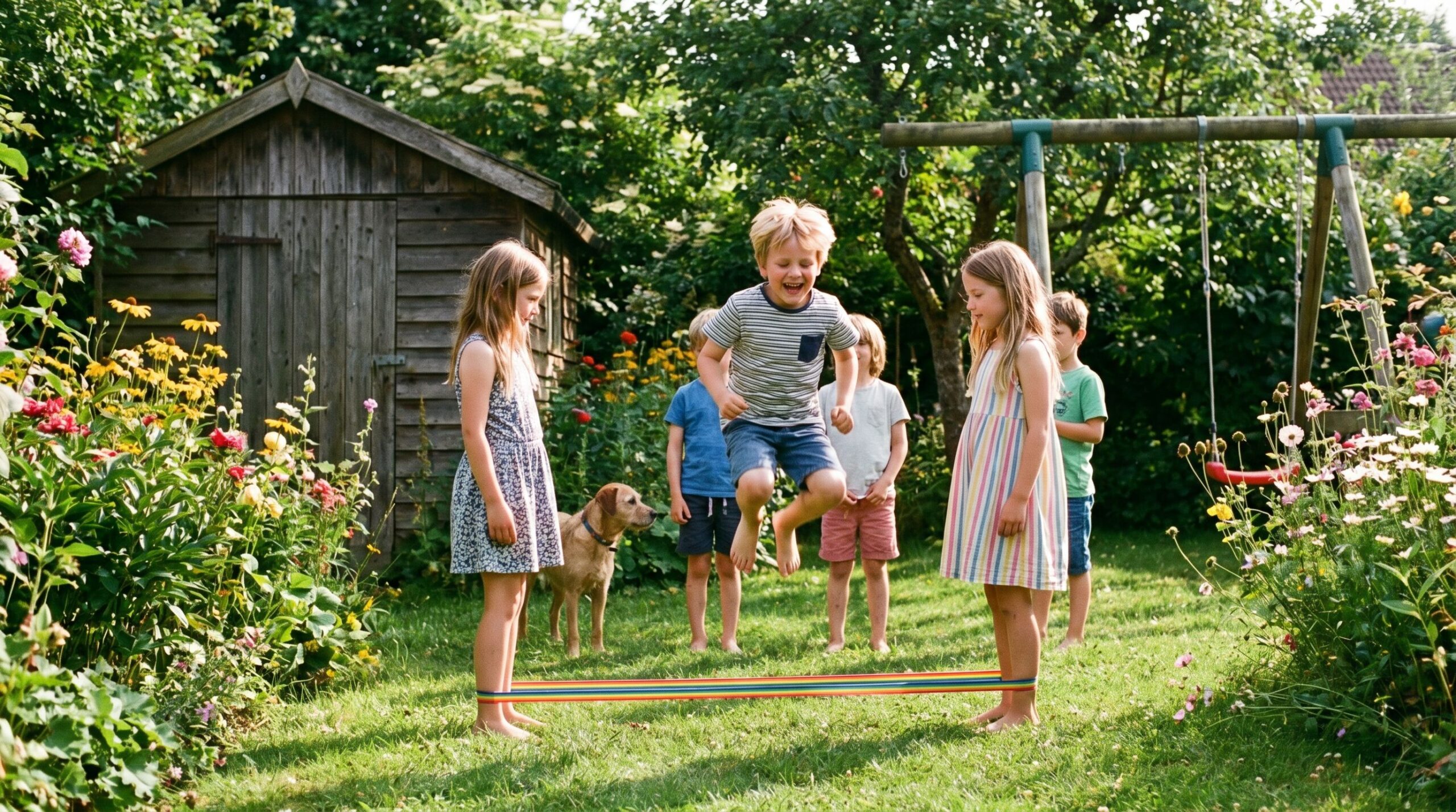 Kinderen spelen elastiek in een tuin