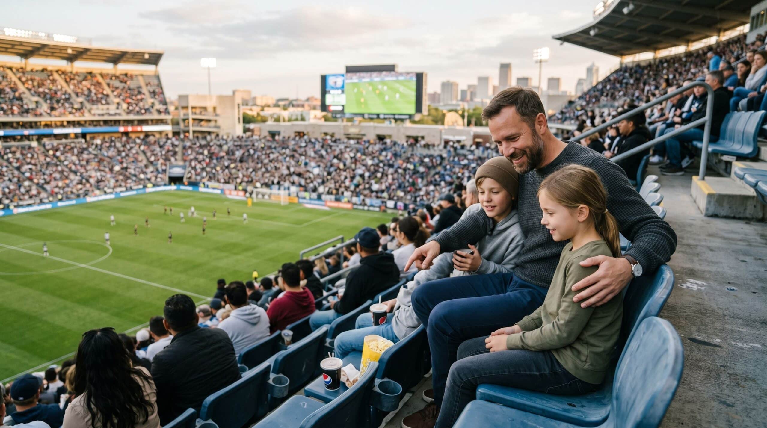 Een vader zit met zijn twee kinderen in een voetbalstadion