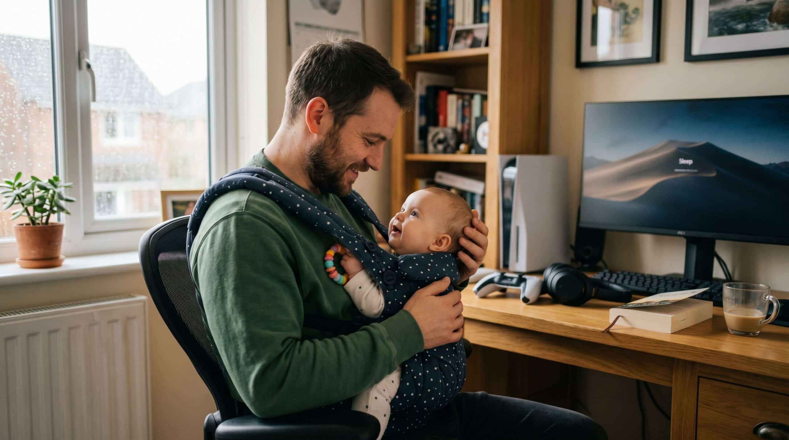 Een vader draagt zijn baby in een draagzak voor op zijn buik.